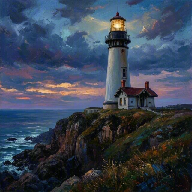 Lighthouse at dusk generated by Qwen-Image 2512