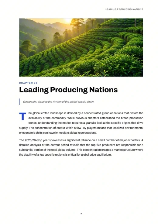 Chapter 2 opener, “Leading Producing Nations”: a photo of coffee rows and the chapter’s first page.