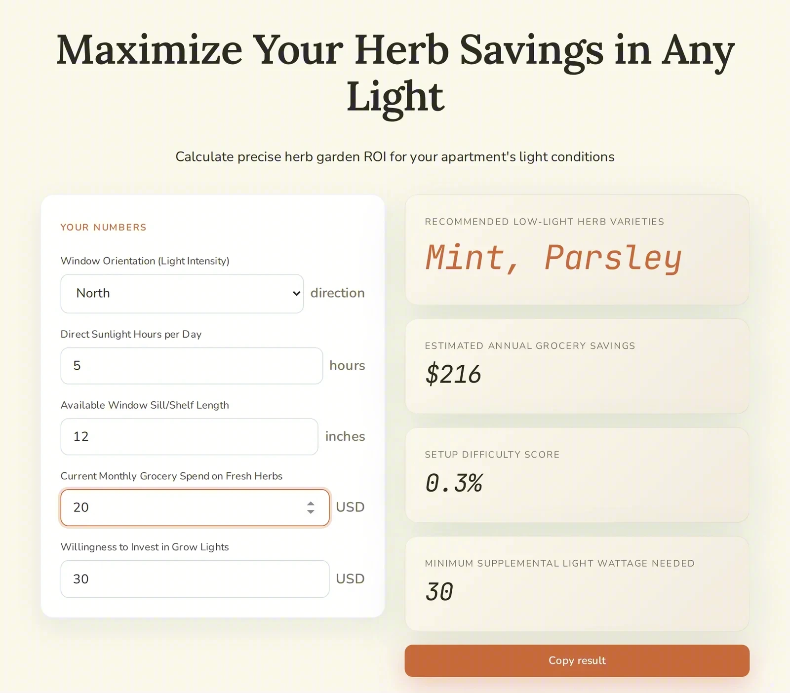 An interactive windowsill herb calculator with inputs for sunlight and space, and projected results.